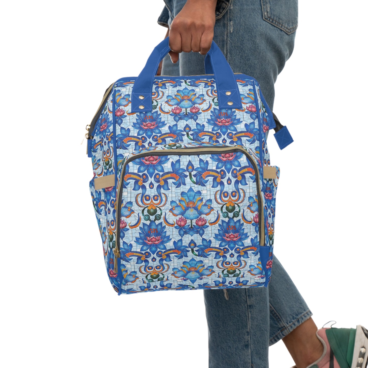 Majestic Mosaic Blossoms Vibrant Blue and Pink Floral Tile Design Multifunctional Diaper Backpack