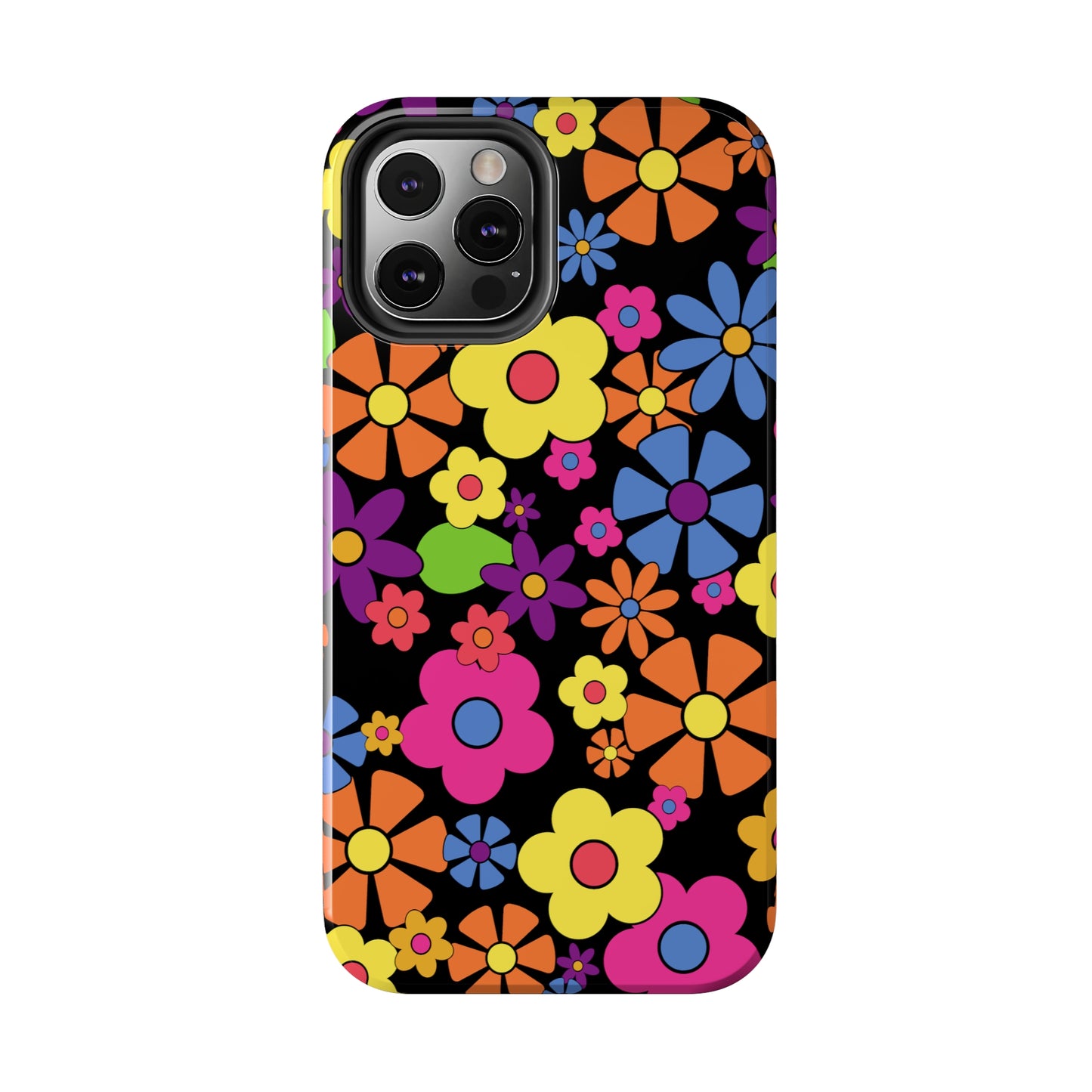 Flower Power Design on Black Background Iphone Tough Phone Case