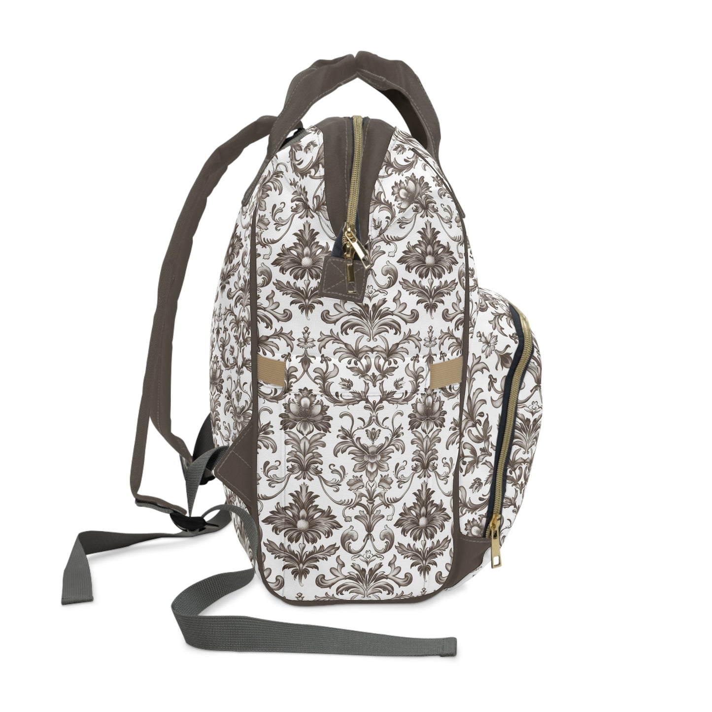 Timeless Rococo Elegance in Detailed Brown and White Floral Pattern Multifunctional Diaper Backpack