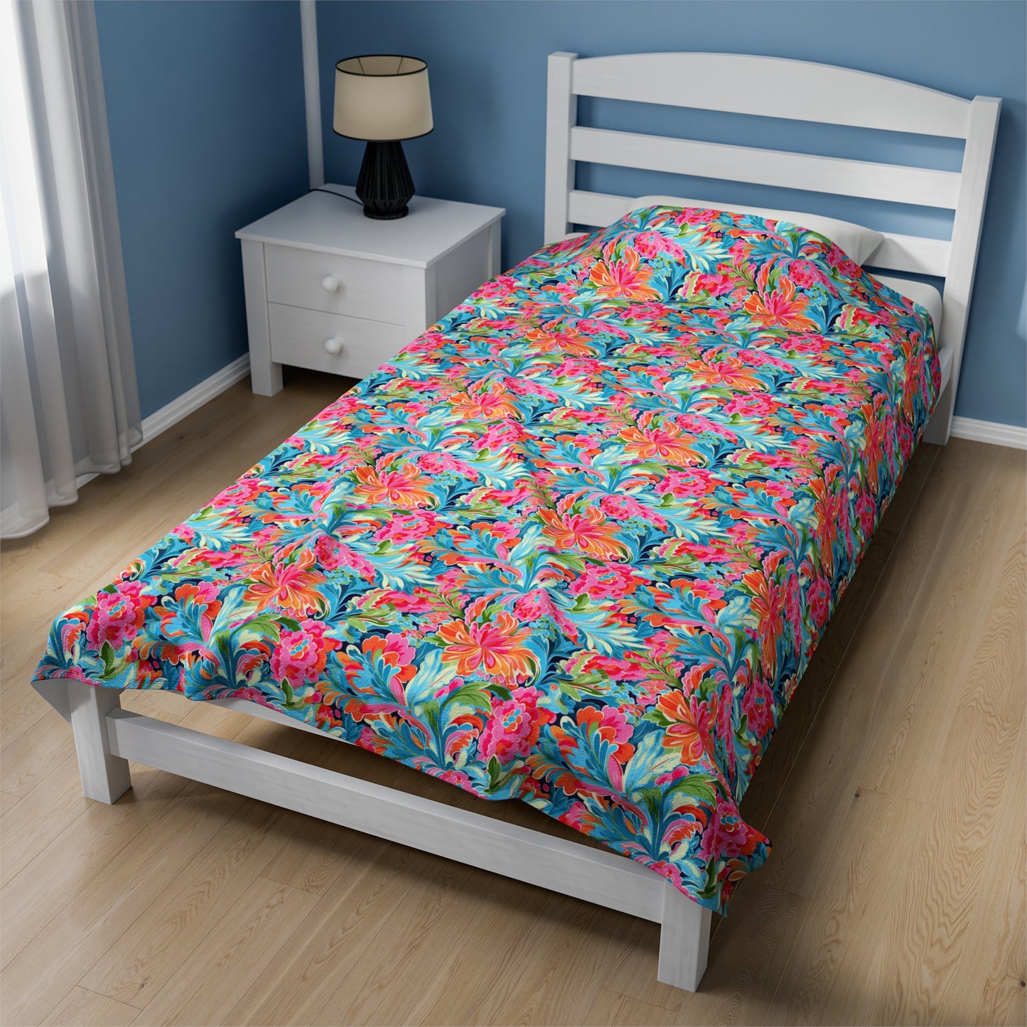 Tropical Radiance: Bursting Summer Blooms in Teal, Orange, and Pink Velveteen Plush Blanket 3 Sizes