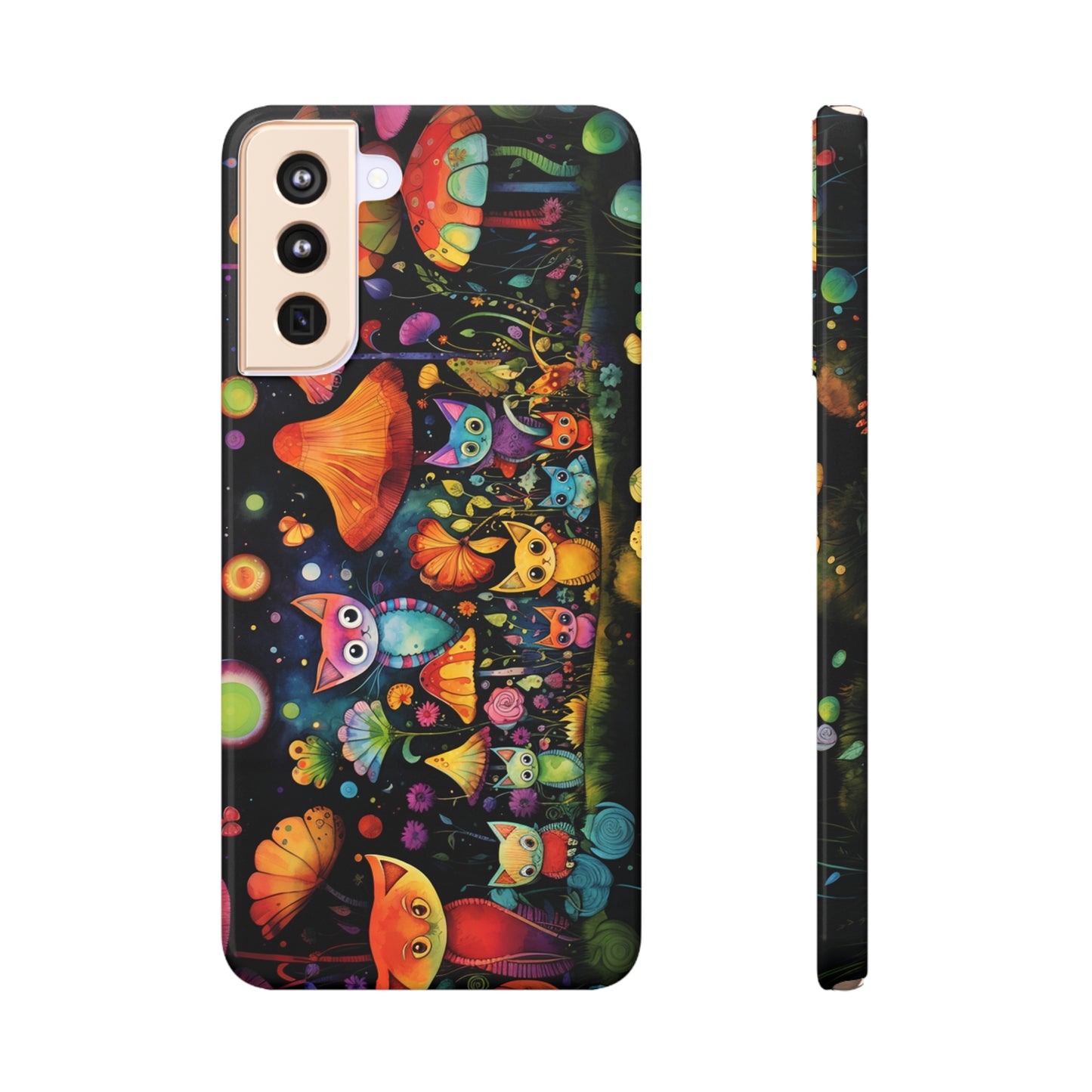 Mystical Cats Amidst a Garden of Flowers and Mushrooms, Beneath a Starry Sky Samsung Slim Cases