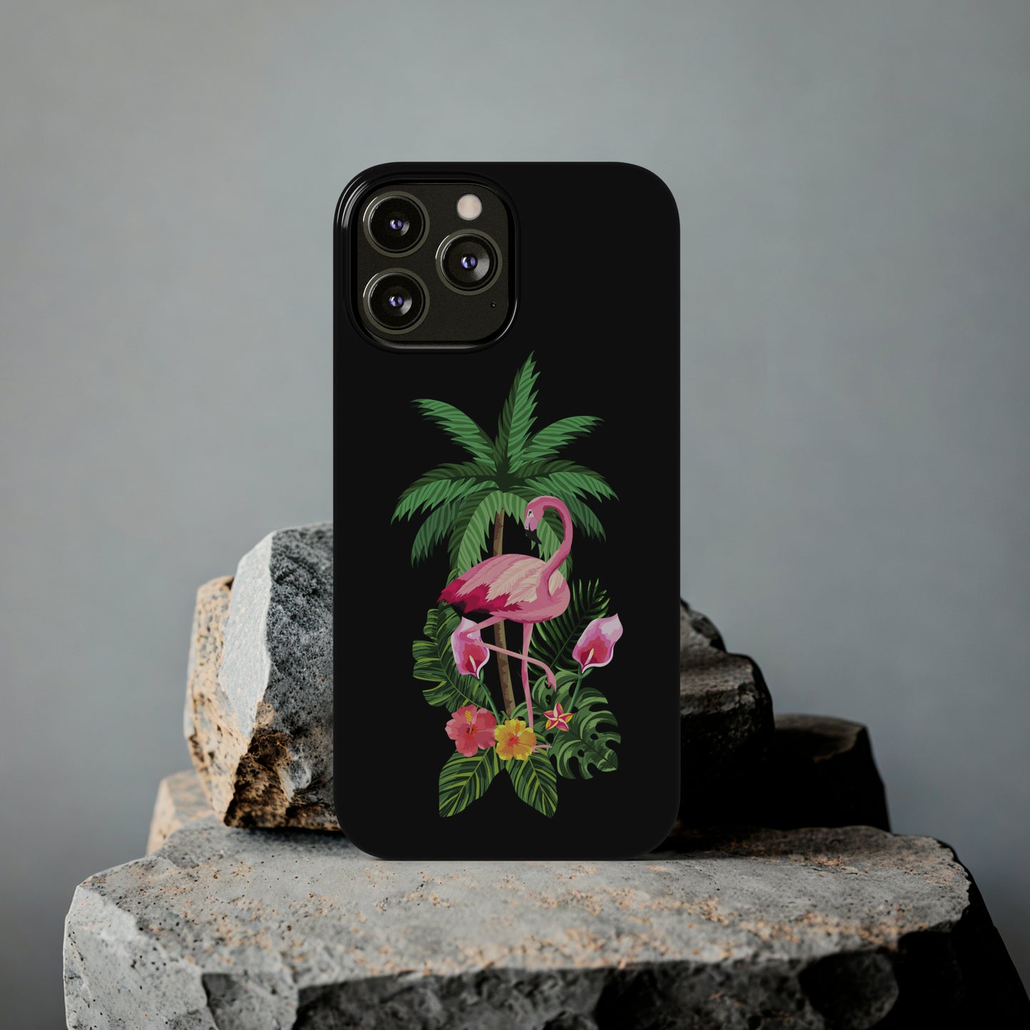 Tropical Pink Flamingo and Flowers Black Background Iphone 15-12 Slim Phone Case