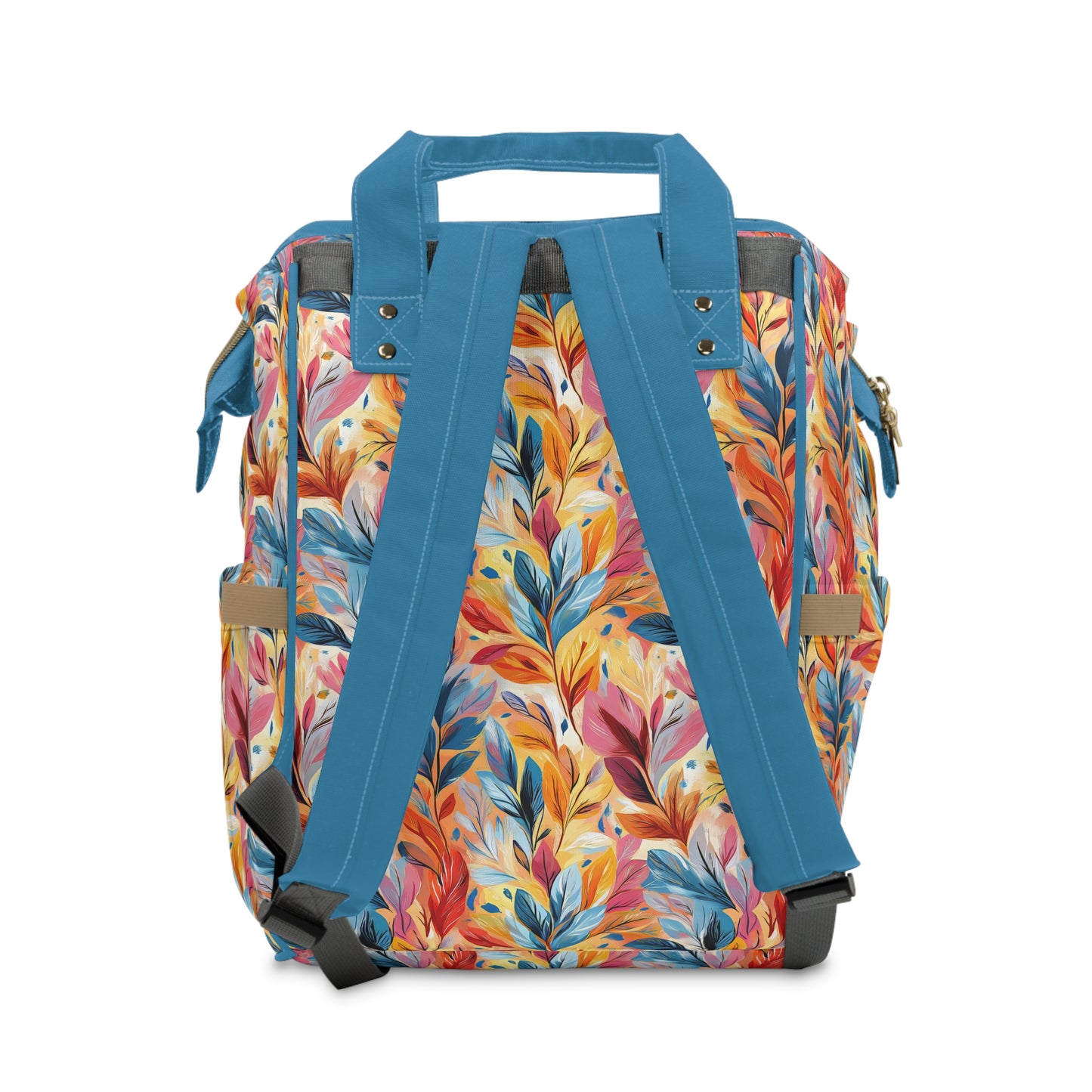 Vibrant Autumn Feathers in Hues of Orange, Yellow, Blue, and Pink on a Textured Background Multifunctional Diaper Backpack