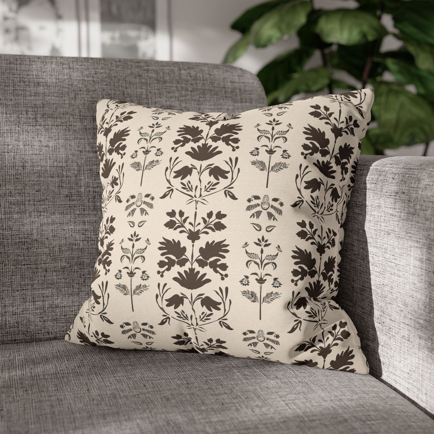 Early American Stencil-Inspired Beige and Brown Floral Pattern Spun Polyester Square Pillowcase 4 Sizes