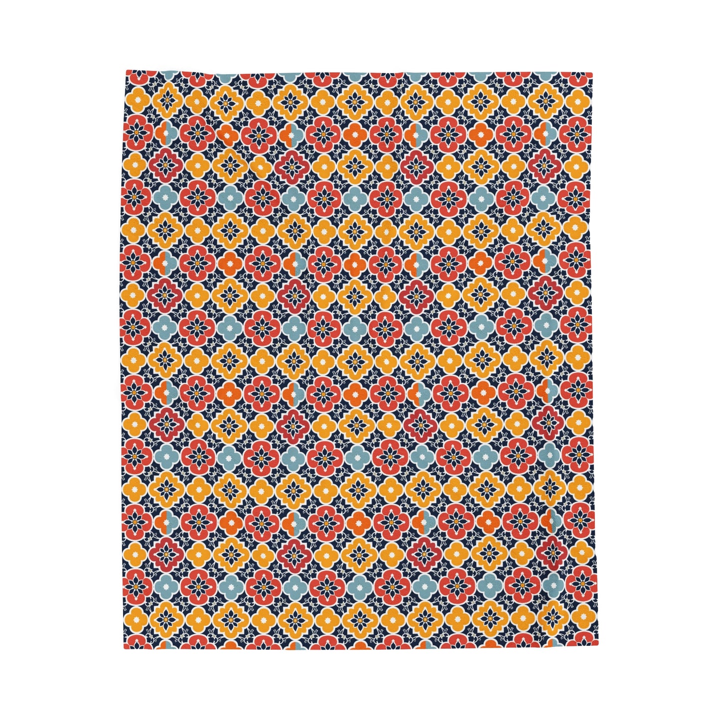 Vibrant Moroccan Orange, Gold and Blue Tile Pattern Velveteen Plush Blanket 3 Sizes