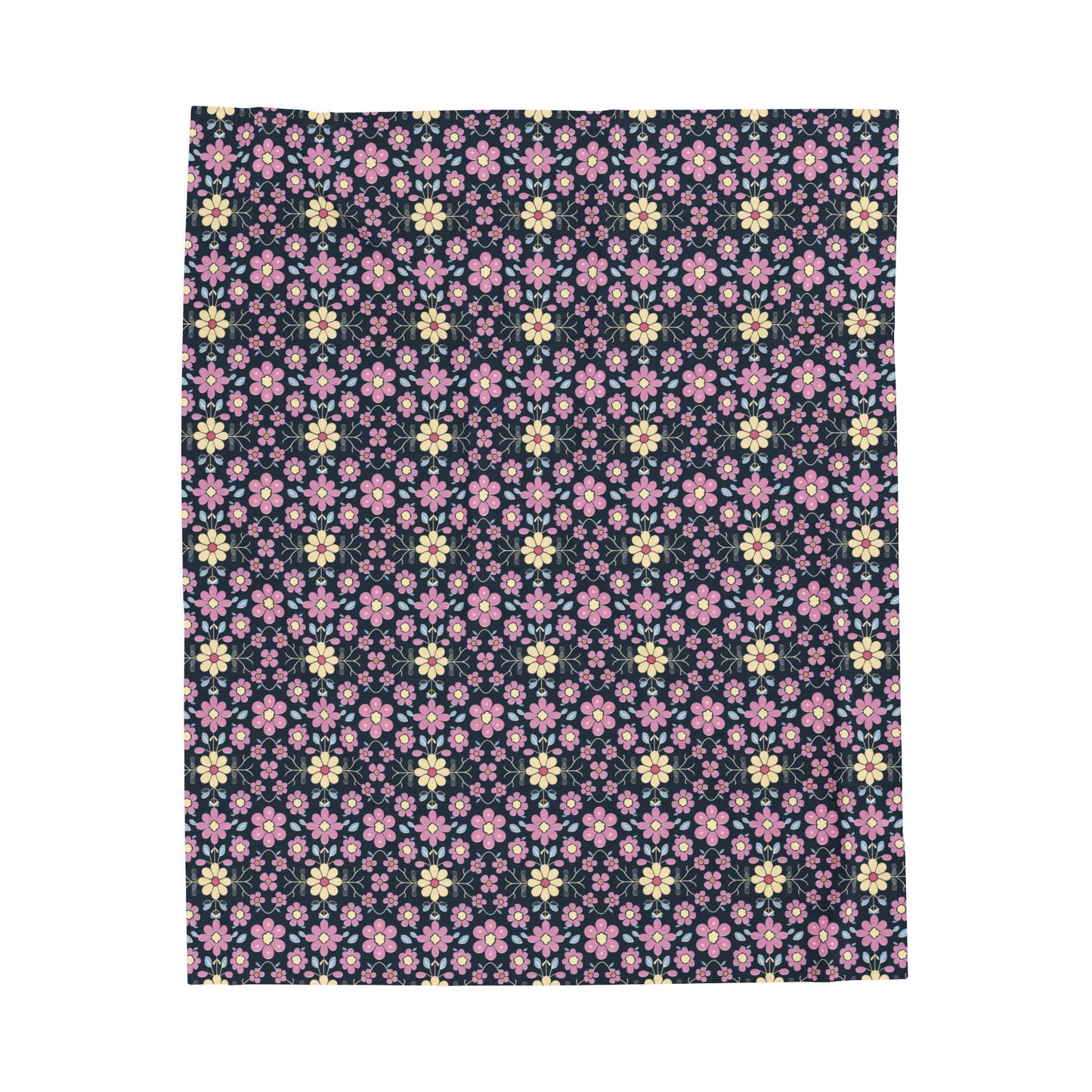 Charming Pastel Pink and Yellow Flowers on Navy Blue Background Velveteen Plush Blanket 3 Sizes