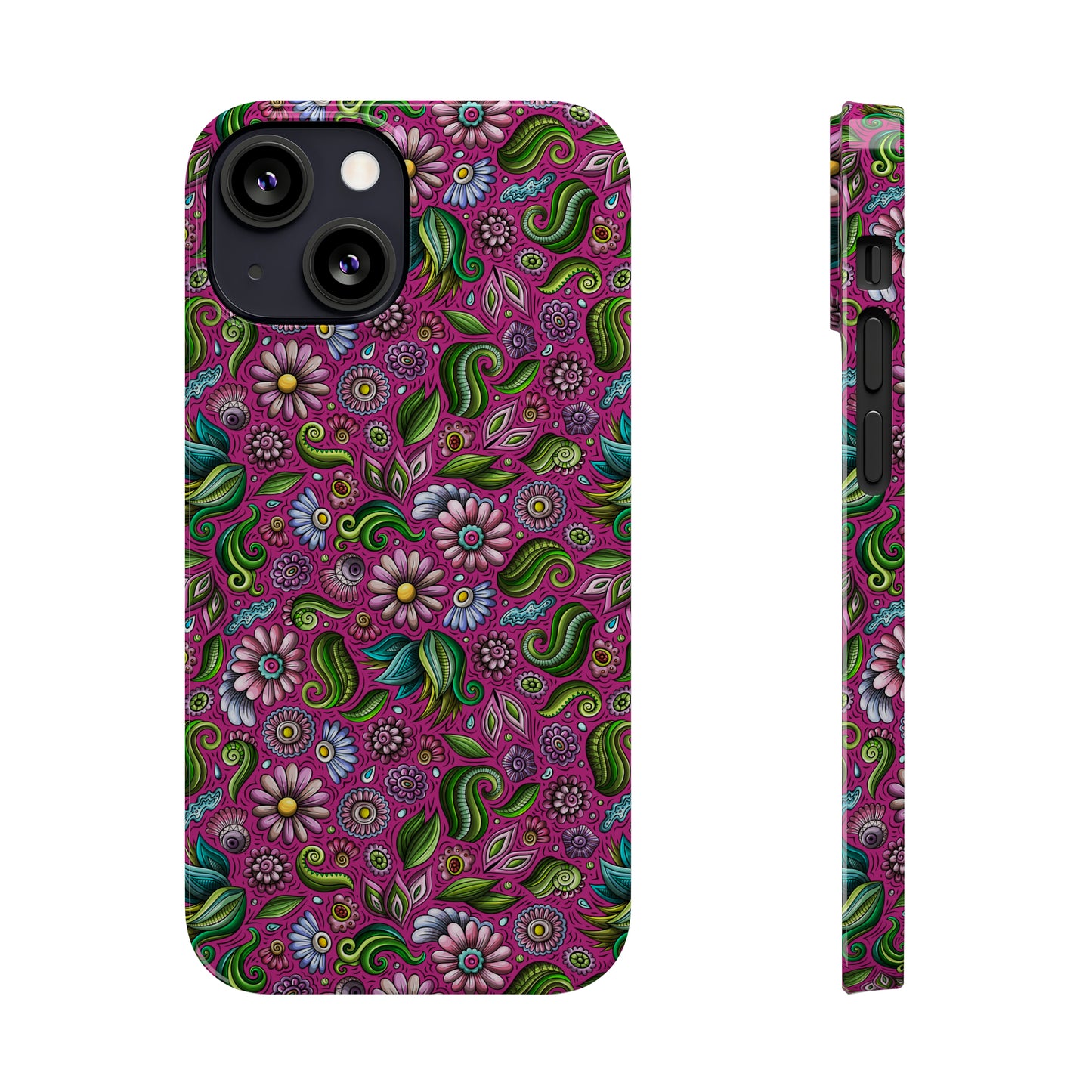 Purple & Pink Daisy Floral Print Hot Pink Background Iphone 15-12 Slim Phone Case