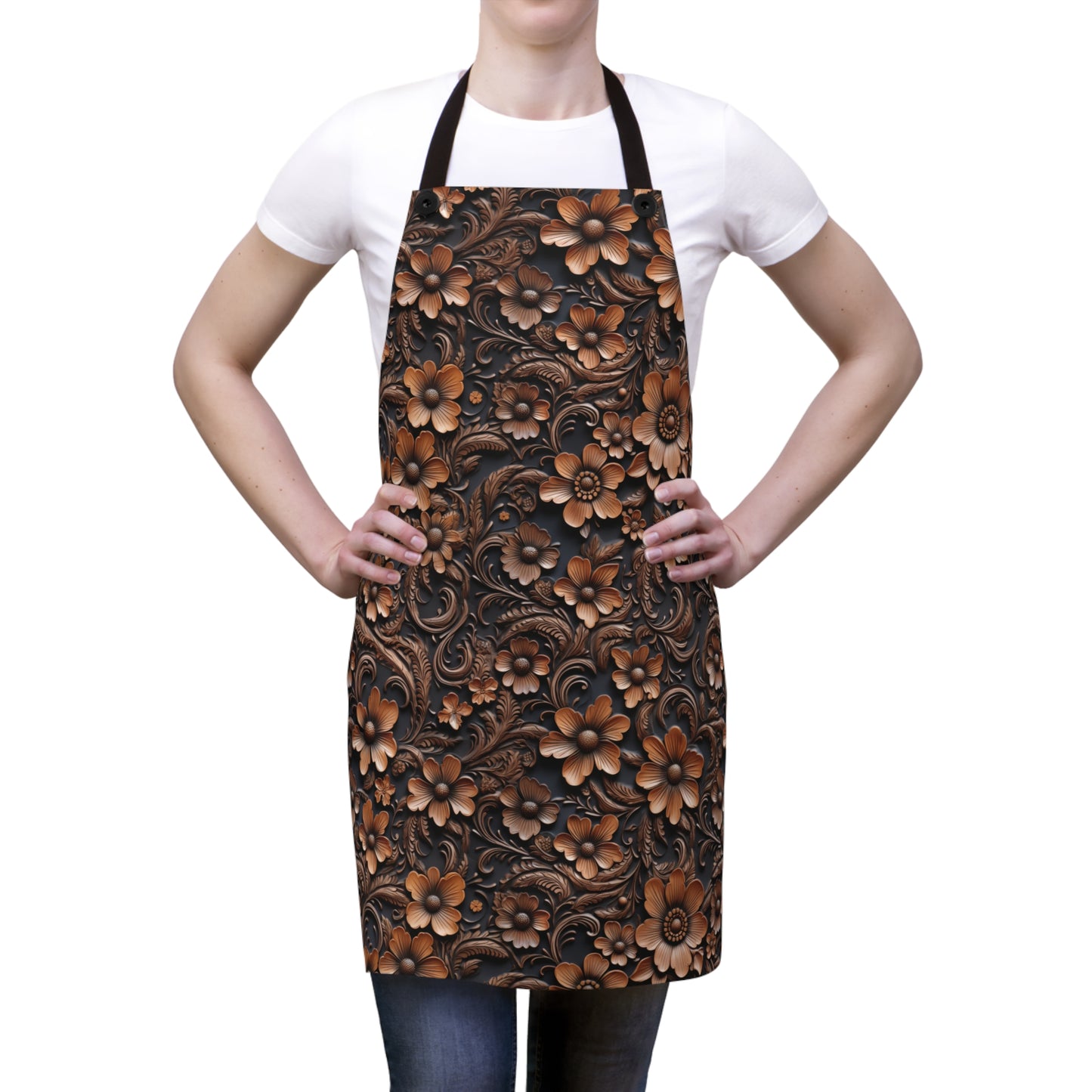 Tooled Deep Brown Leather Flowers Print Design Kitchen Chef Apron