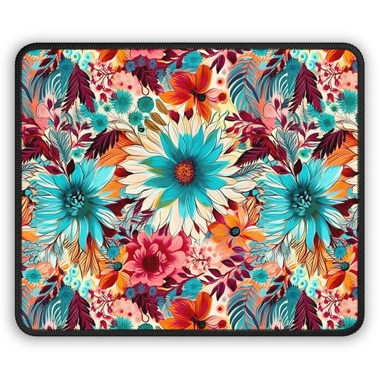 Floral Explosion of Pinks, Teals and Oranges on a Soft Cream Canvas Gaming Mouse Pad with Finished Edges