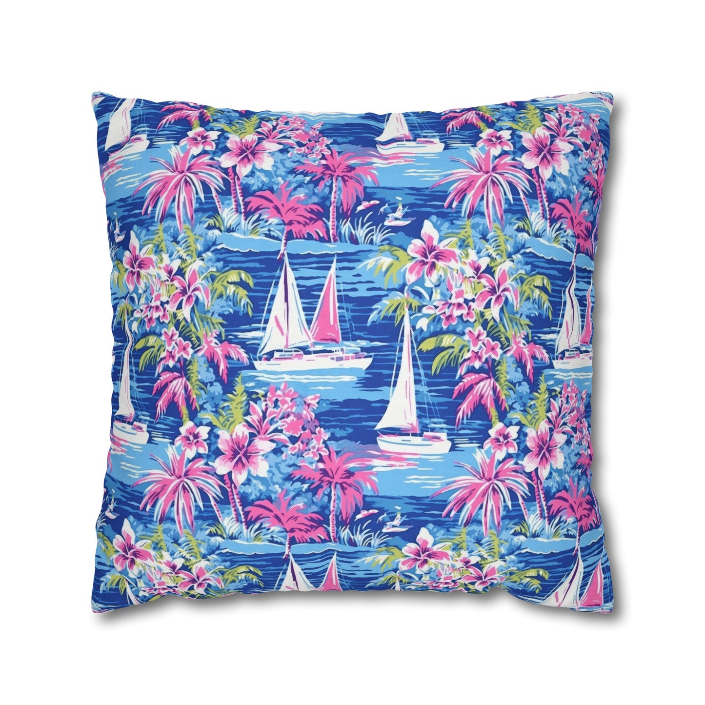 Sailing Tropics: Watercolor Sailboats Amidst Ocean Waves, Tropical Flowers, and Palm Trees Spun Polyester Square Pillowcase 4 Sizes