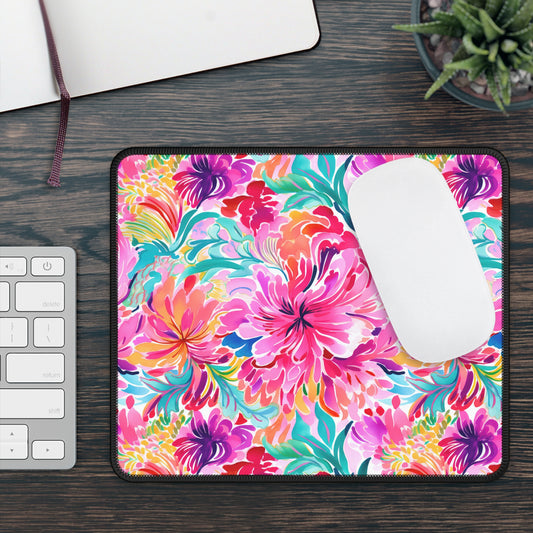 Rainbow Tropics: Watercolor Flowers in Vibrant Pink, Green and Orange Hues Gaming Mouse Pad with Finished Edges