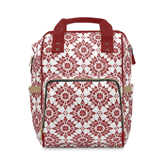 Vintage Radiance Ornate Red and White Floral Burst Pattern Multifunctional Diaper Backpack