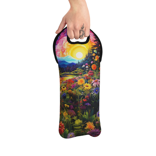 Enchanting Sunrise Over a Whimsical Field of Wildflowers Wine Tote Bag Reusable Eco Friendly