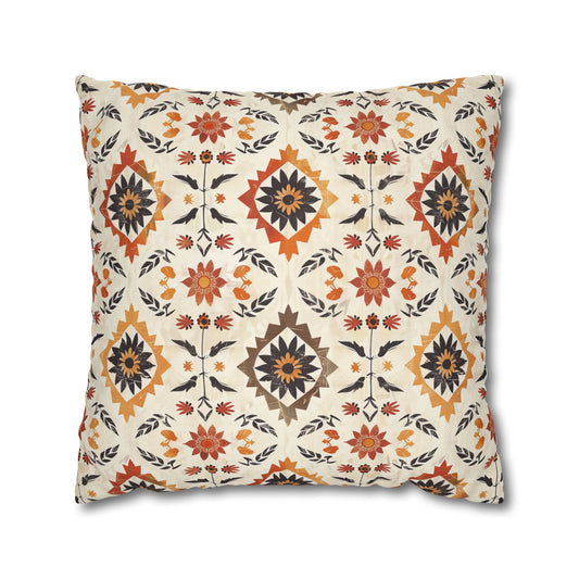 Rustic Charm of Folk Art in Burnt Orange, Deep Brown, and Creamy Beige Polyester Square Pillowcase 4 Sizes