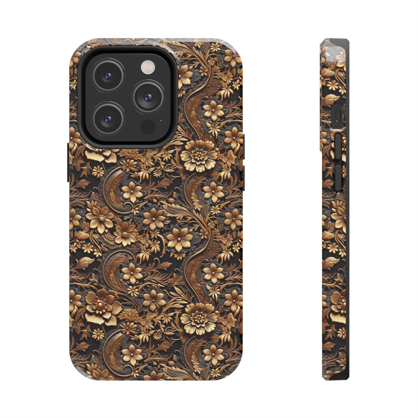 Tooled Leather Large Gold Flowers with Blue Leaf Swirl Accents Print Design Iphone Tough Phone Case