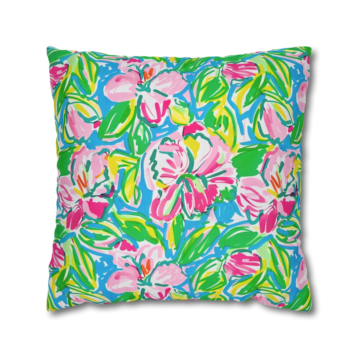 Whispering Meadows: Pink Blossoms, Lush Green Leaves, and Accents of Yellow and Blue Spun Polyester Square Pillowcase 4 Sizes