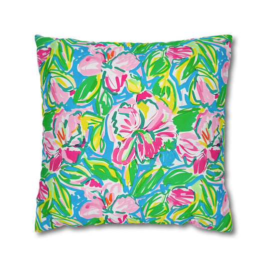 Whispering Meadows: Pink Blossoms, Lush Green Leaves, and Accents of Yellow and Blue Spun Polyester Square Pillowcase 4 Sizes