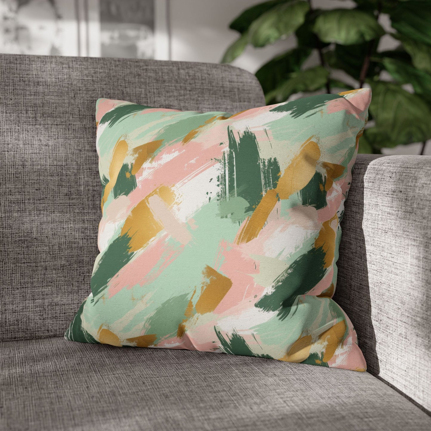 Spring Brushstrokes Abstract in Light Green, Pink, and Gold Spun Polyester Square Pillowcase 4 Sizes