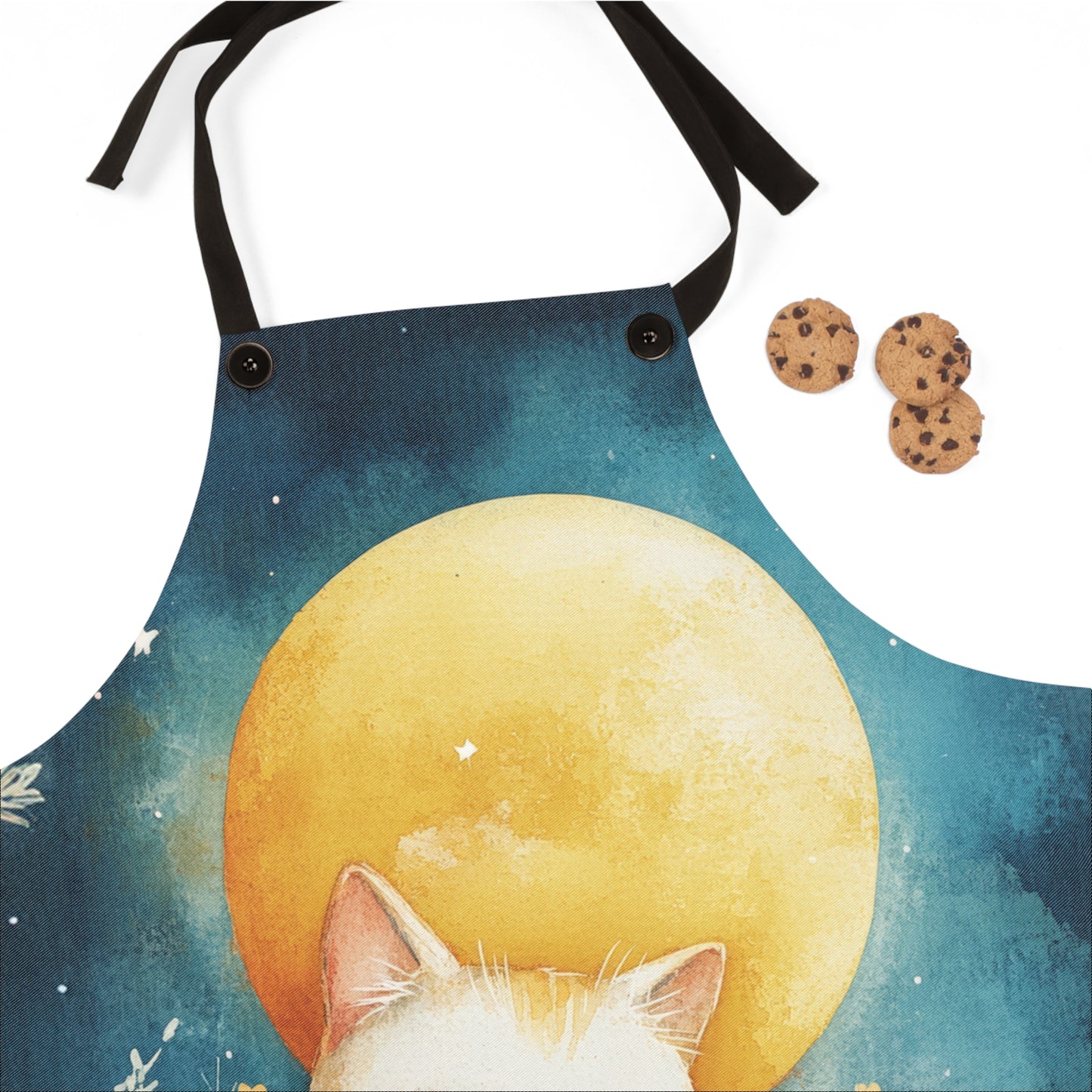 Whimsical Kitten with Golden Moonlit Serenity  Kitchen Chef Apron