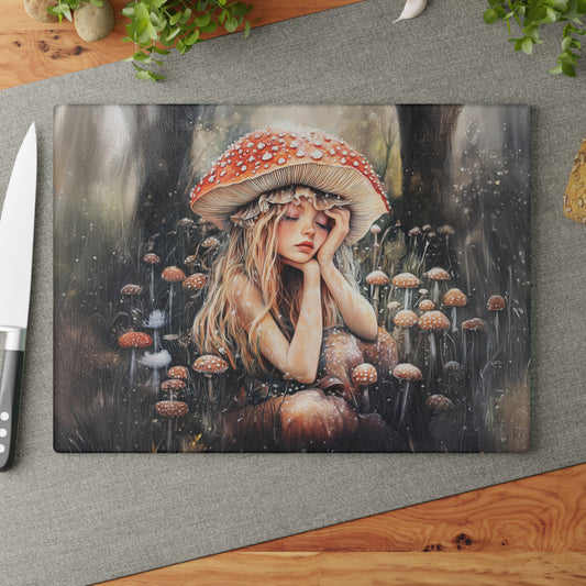 Woodland Nymph Slumbers Beneath a Mushroom's Shade Glass Cutting Board - 2 Sizes