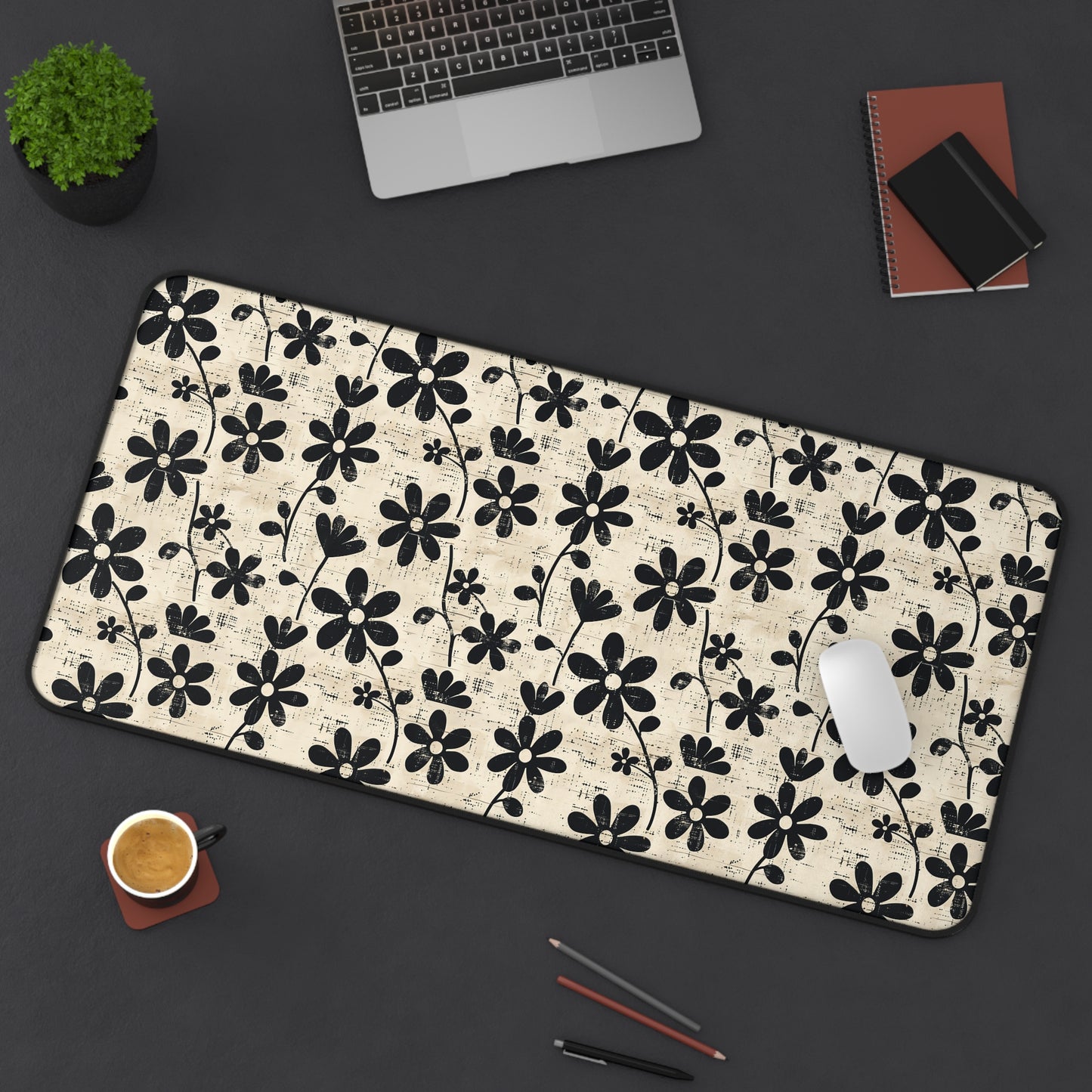 Distressed Black Floral on Beige Background Extended Gaming Mouse Pad  Desk Mat  - 3 Sizes