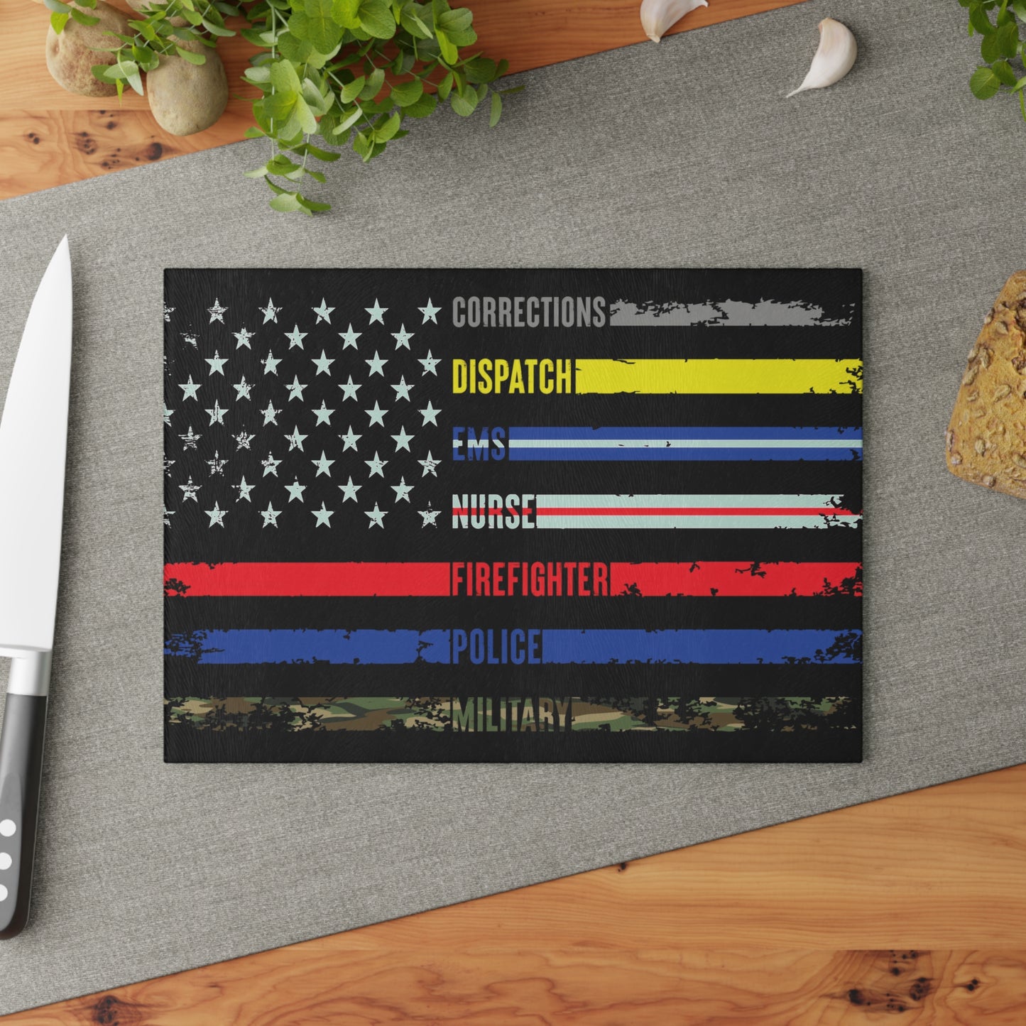 Solidarity Support Military, Police, Firefighter, Nurse, EMS, Dispatch Corrections American Flag Cutting Board 2 Sizes