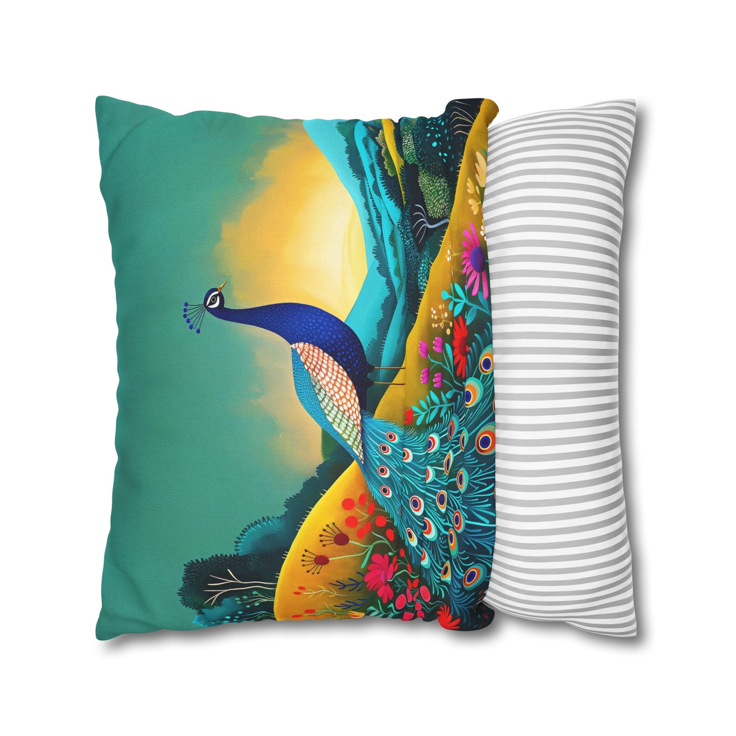 Radiant Peacock with Colorful Enchanted Garden and Sunrise Spun Polyester Square Pillowcase 4 Sizes