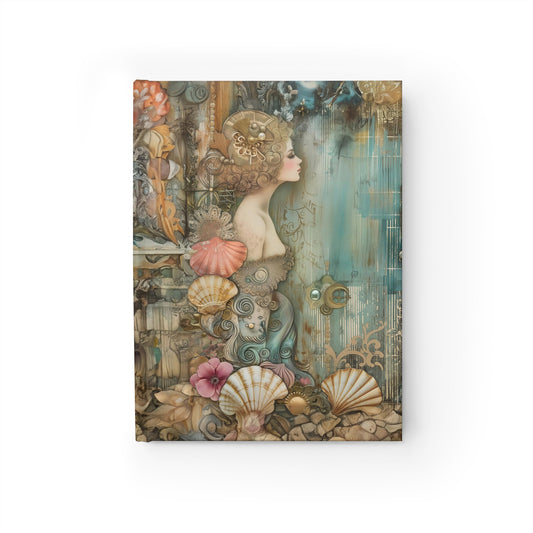 Vintage Mystical Mermaid with Flowers Seashells and Pearls Gazing into Ocean - Hardcover Ruled Line Journal 5" x 7"