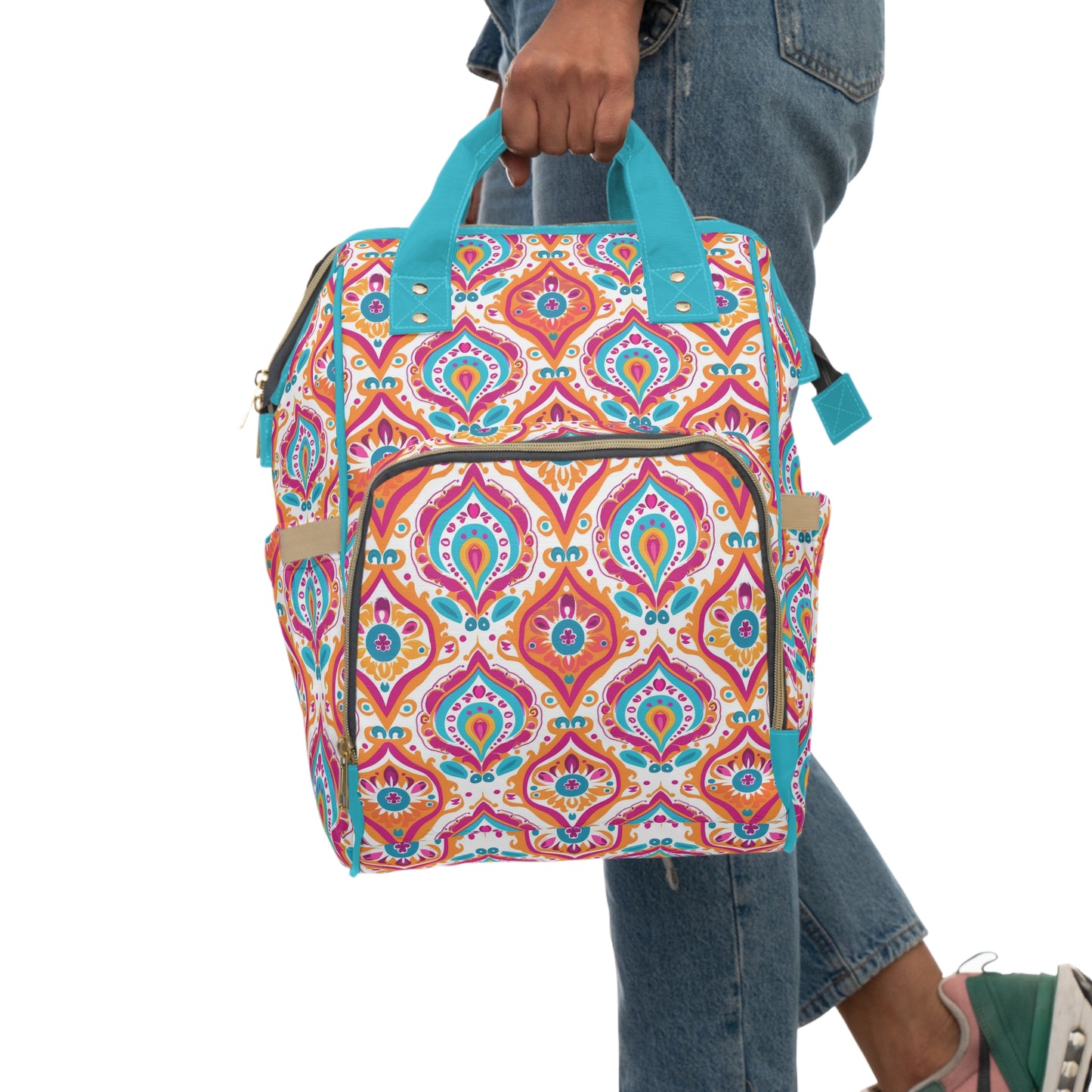 Bohemian Rapture of Floral Harmony in Lush Tangerine and Cerulean Multifunctional Diaper Backpack