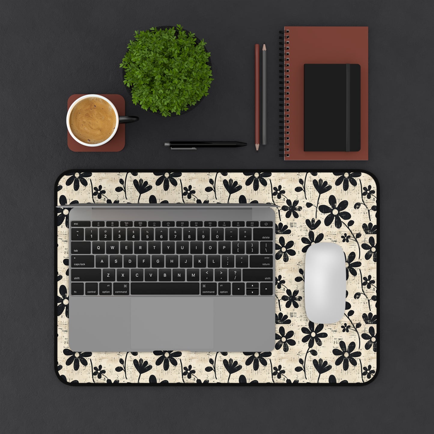 Distressed Black Floral on Beige Background Extended Gaming Mouse Pad  Desk Mat  - 3 Sizes