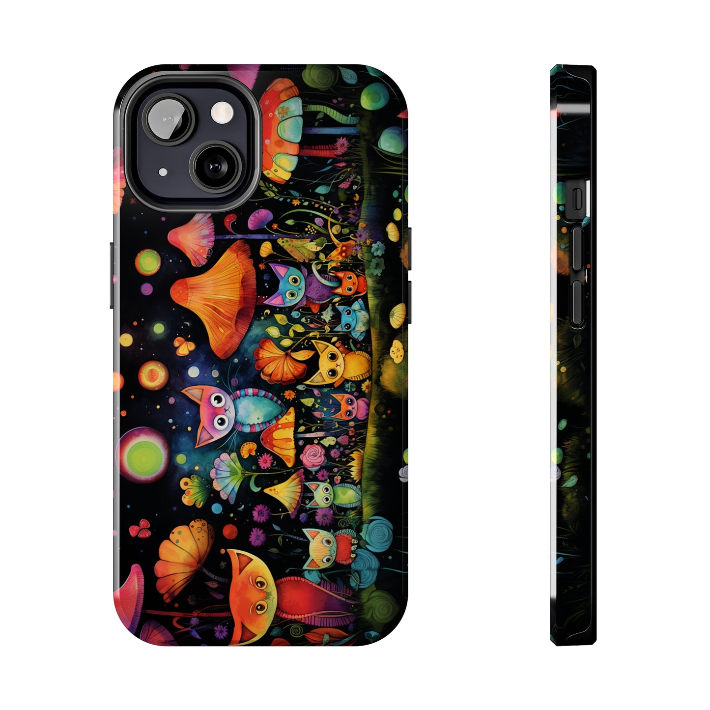 Mystical Cats Amidst a Garden of Flowers and Mushrooms, Beneath a Starry Sky Iphone Tough Phone Case