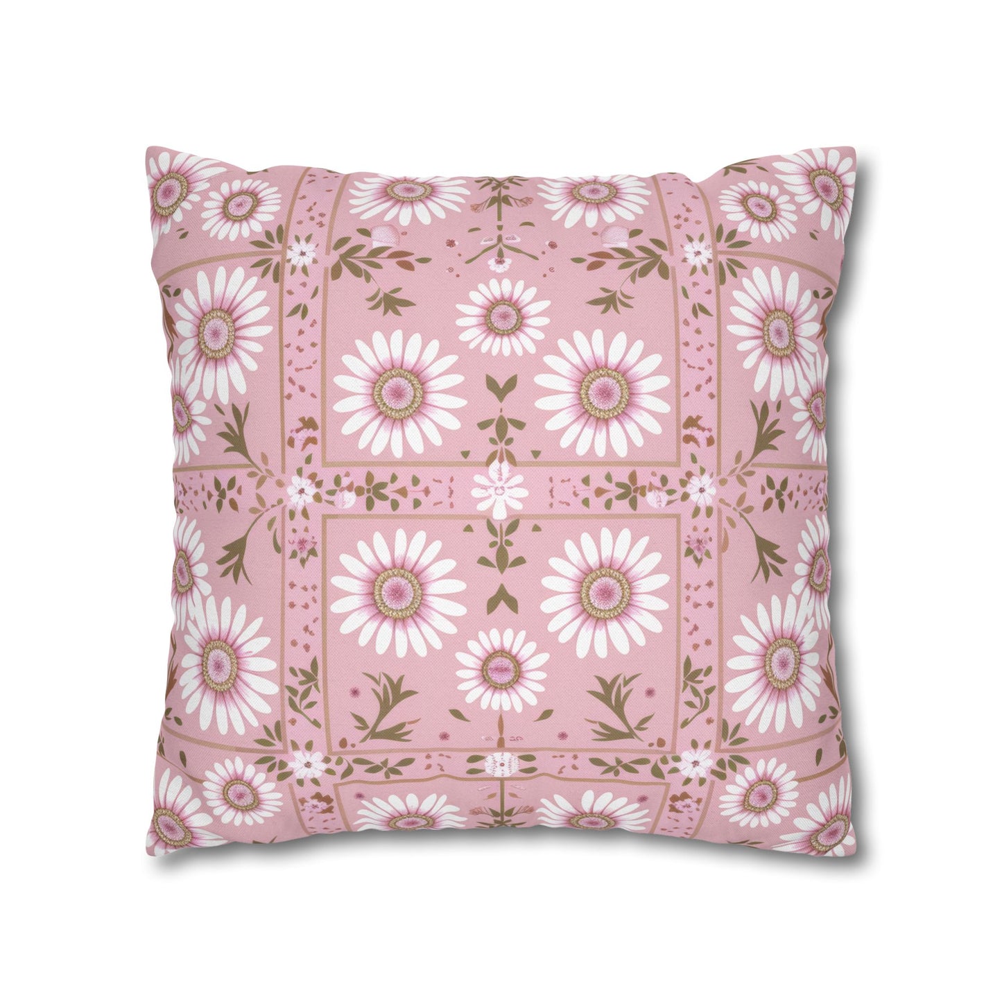 Charming Daisy Pink and White Floral Tile Pattern Spun Polyester Square Pillowcase 4 Sizes