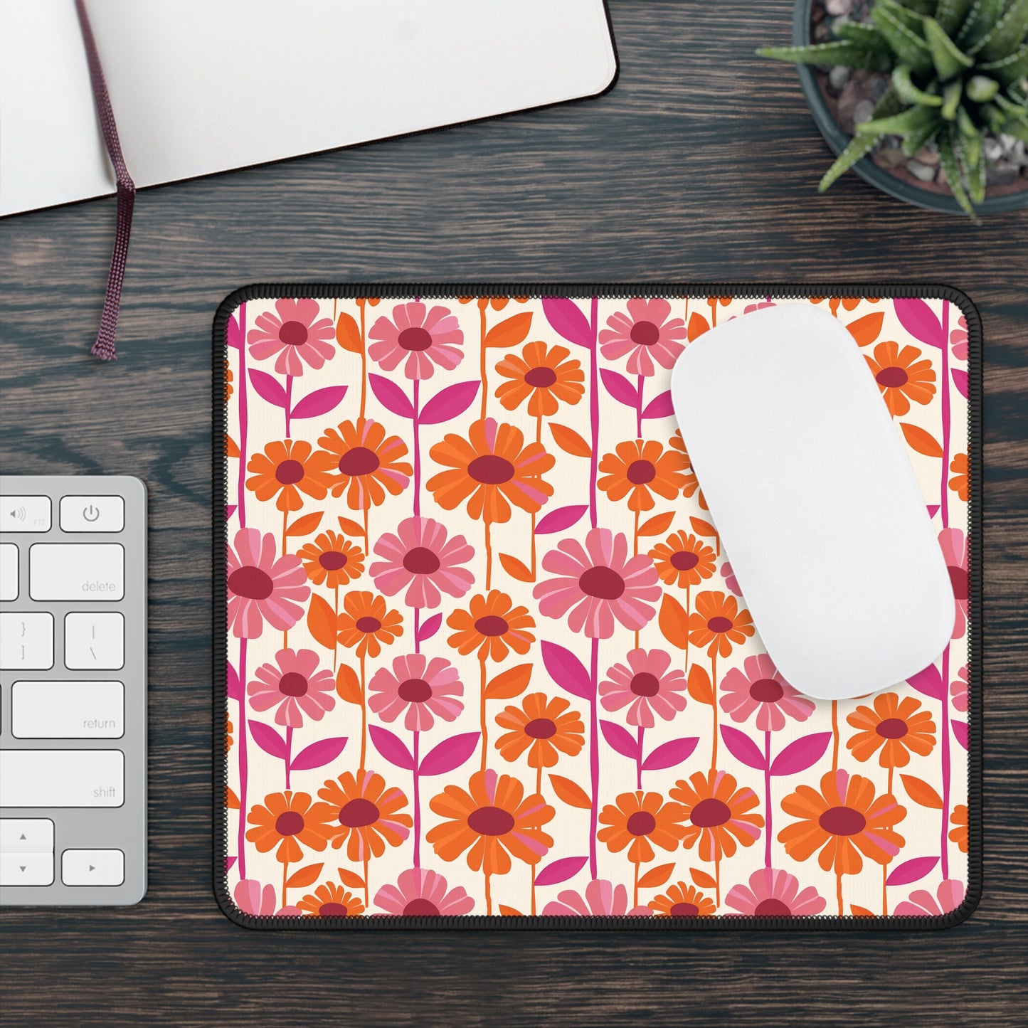 Retro Floral Bliss with Bold Pink and Orange Flower Design Gaming Mouse Pad with Finished Edges