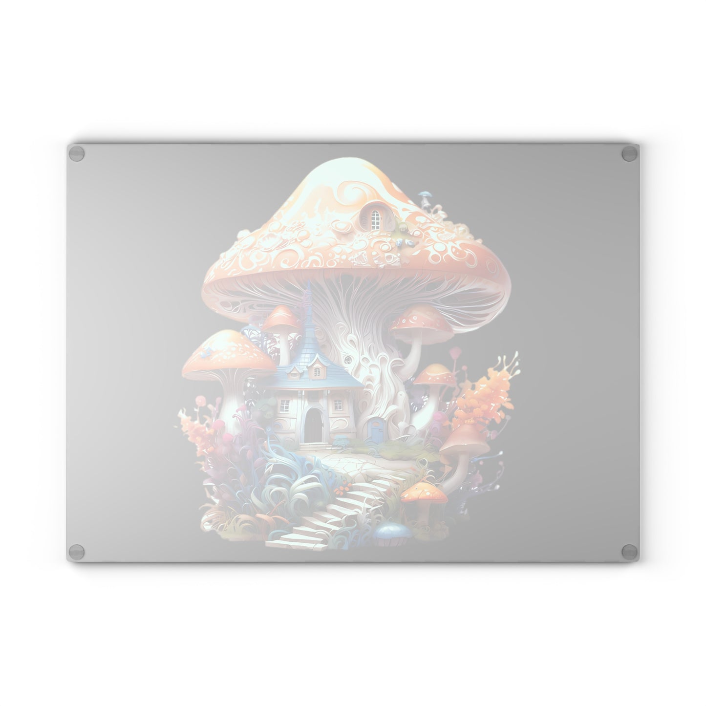 Fairytale Mushroom 2 Story Cottage Home with Black Background - Glass Cutting Board  8" x 11" and 11" x 15"