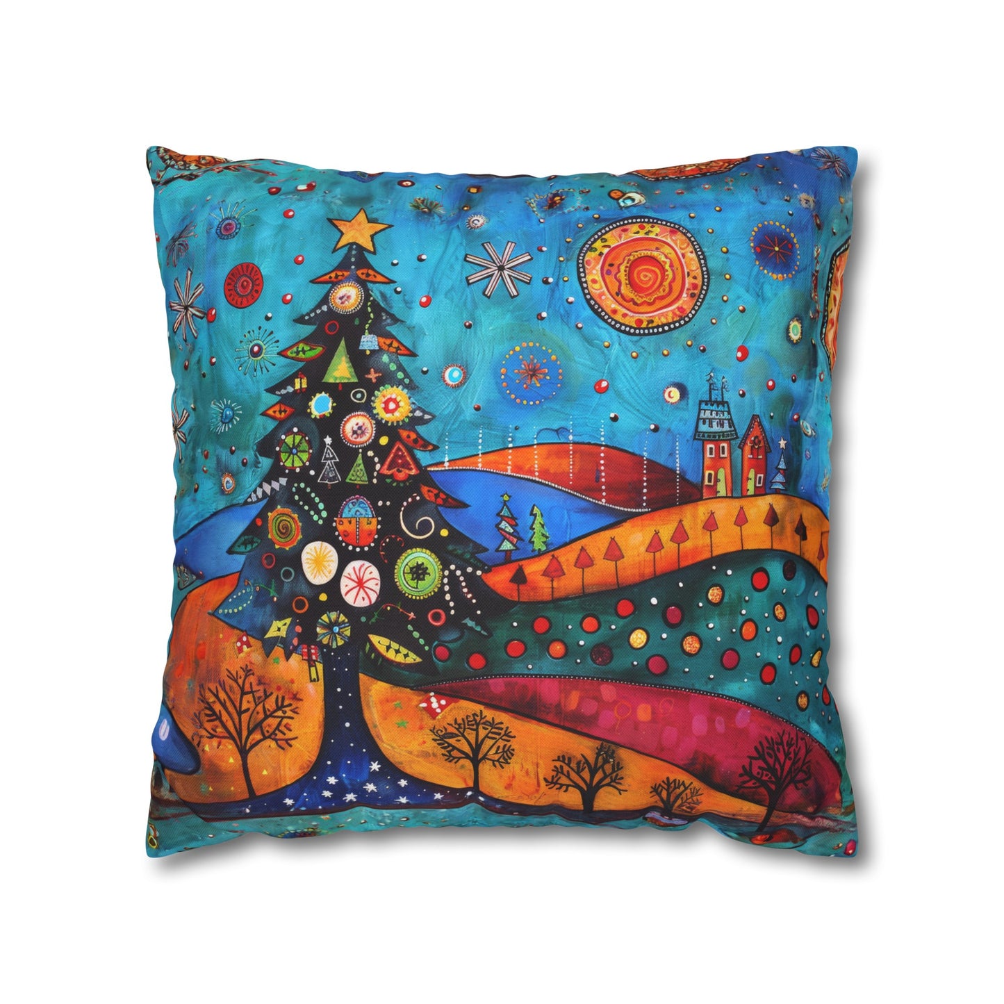 Folk Art Christmas Tree Nestled Amidst Rolling Hills Spun Polyester Square Pillowcase 4 Sizes