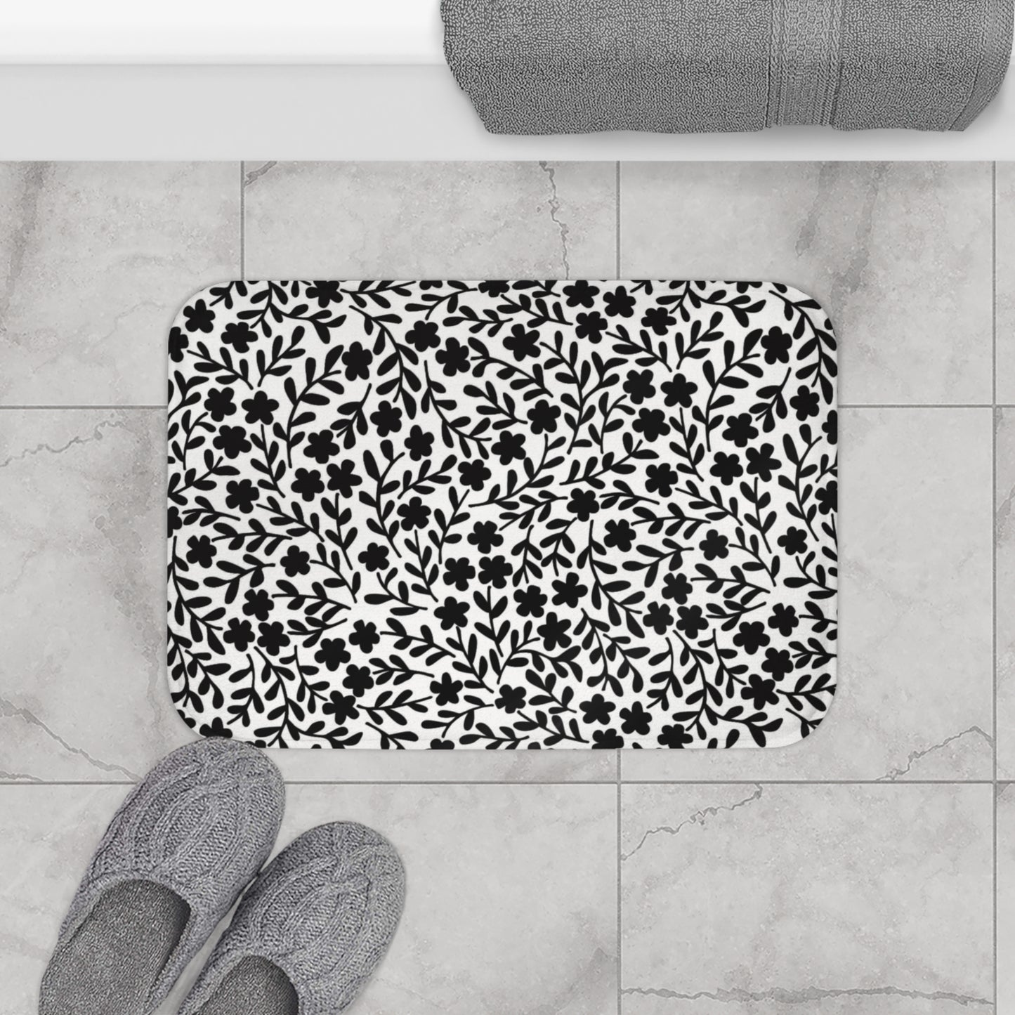 Delicate Simplicity: Tiny Black and White Floral Design Pattern  - Bathroom Non-Slip Mat 2 Sizes