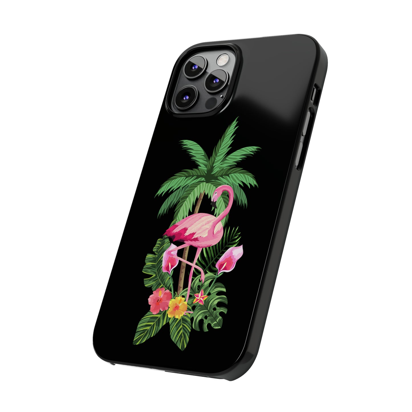 Tropical Pink Flamingo and Flowers Black Background Iphone 15-12 Slim Phone Case