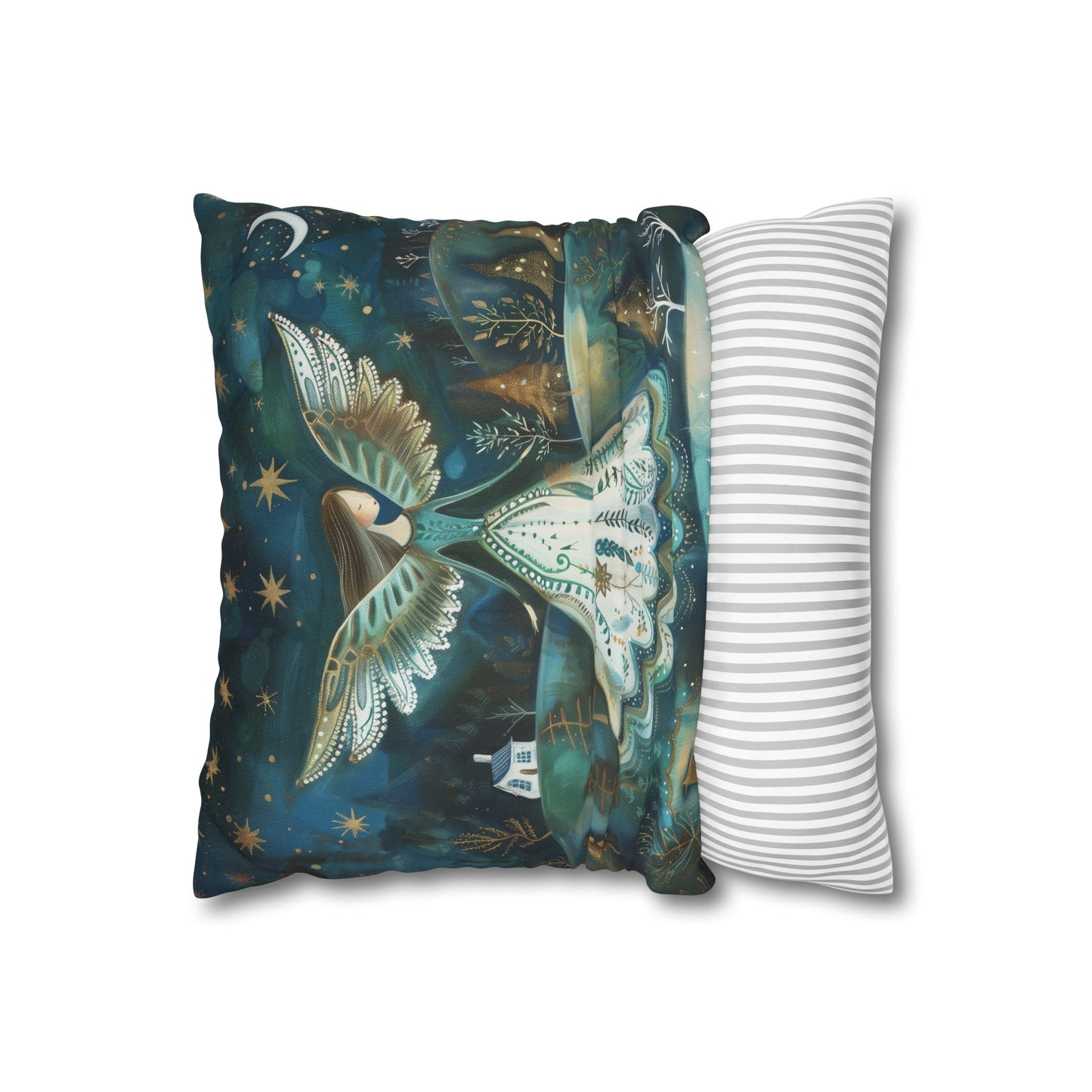 Starry Serenade: Angel in Flowing Dress Amidst a Starry Night Spun Polyester Square Pillowcase 4 Sizes