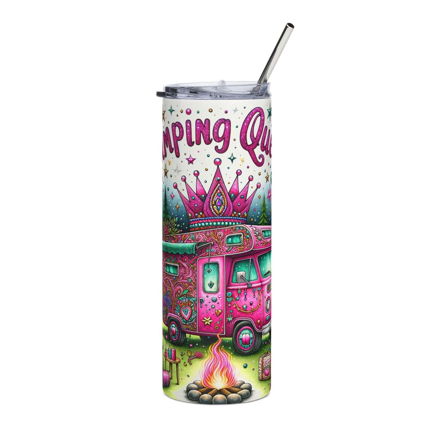 Camping Queen Tumbler Wrap Outdoor Camping Lover, Camper Van Seamless Design 20 oz Skinny Tumbler
