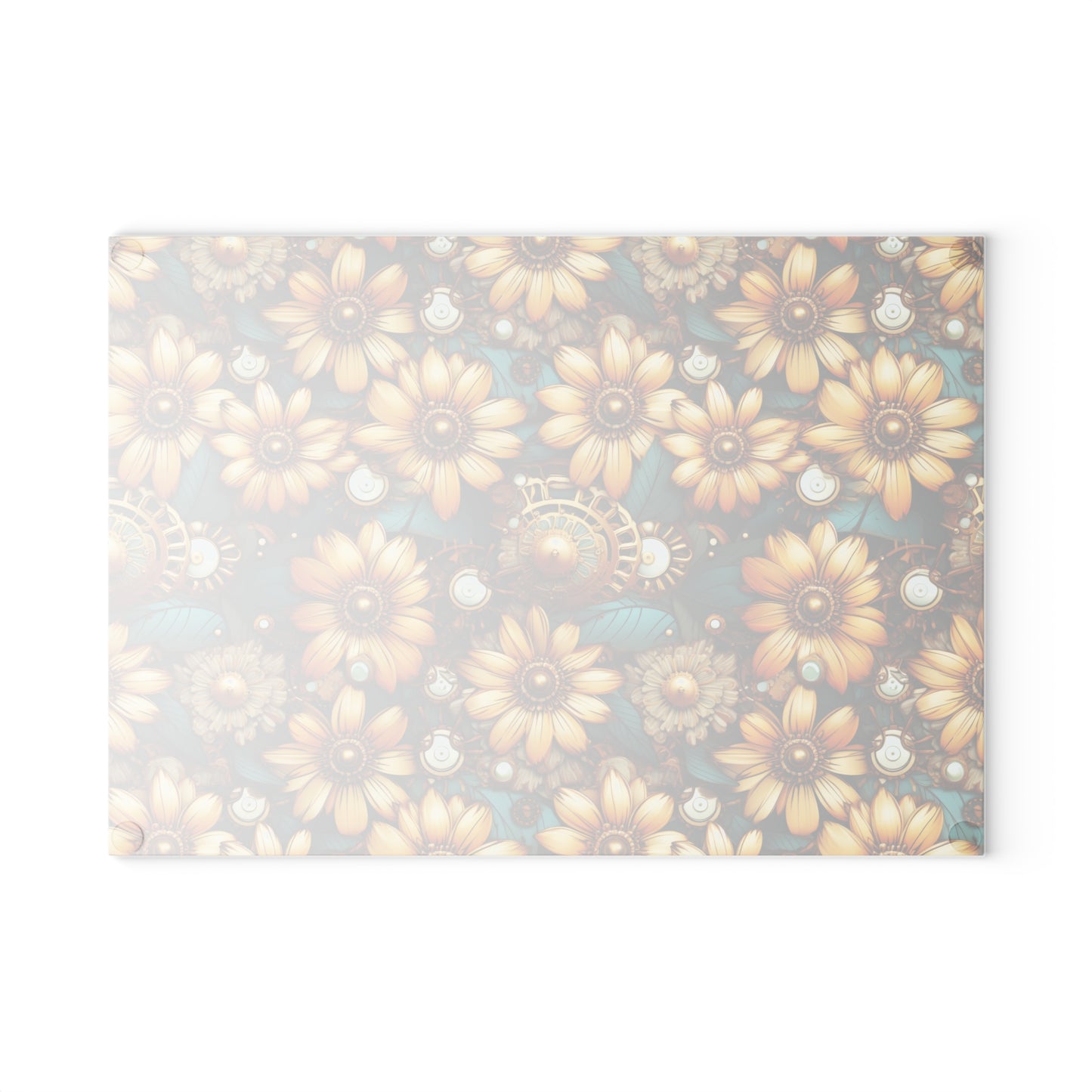 Victorian Steampunk Gold Flowers Teal Background with Gears and Mechanical Elements - Glass Cutting Board  8" x 11" and 11" x 15"