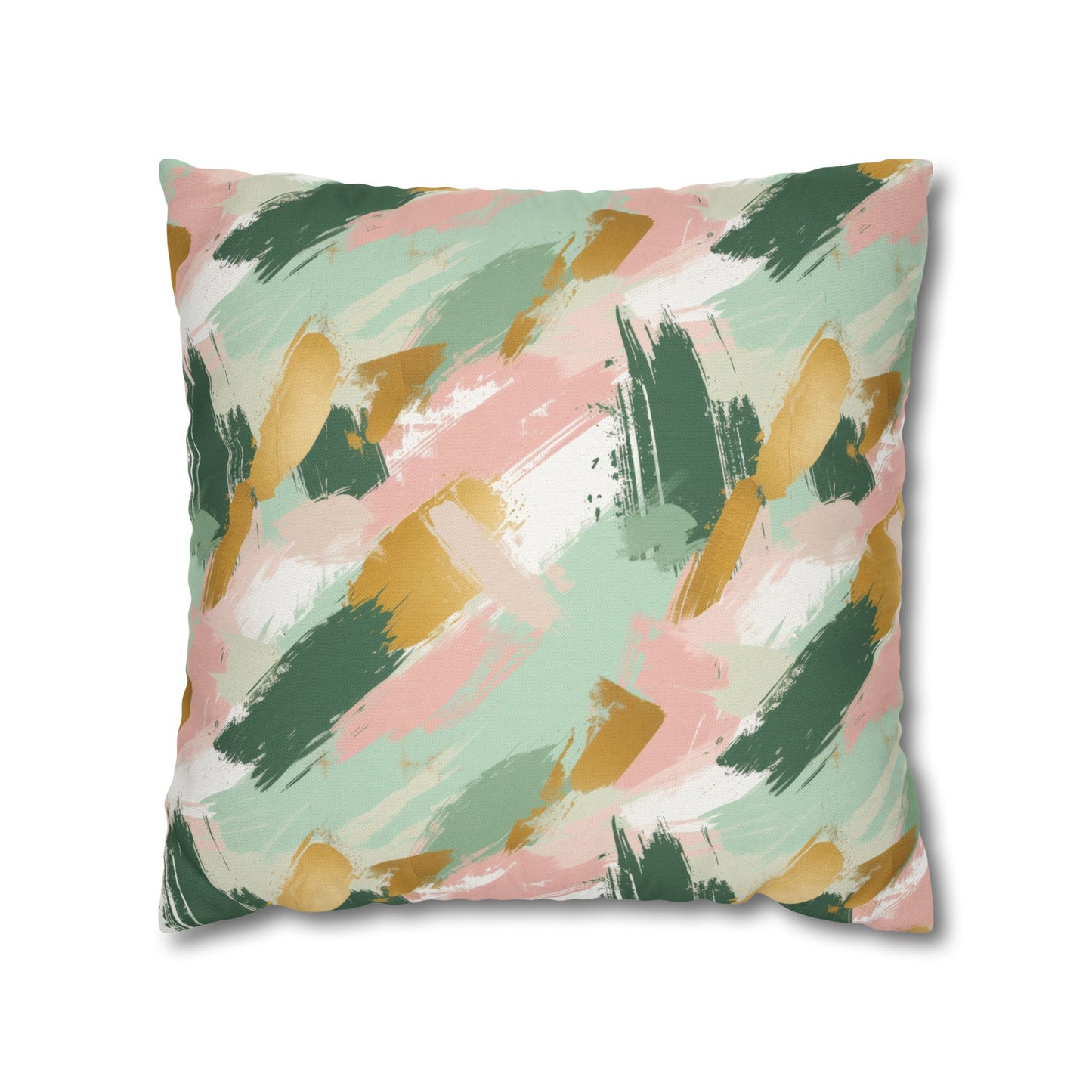 Spring Brushstrokes Abstract in Light Green, Pink, and Gold Spun Polyester Square Pillowcase 4 Sizes