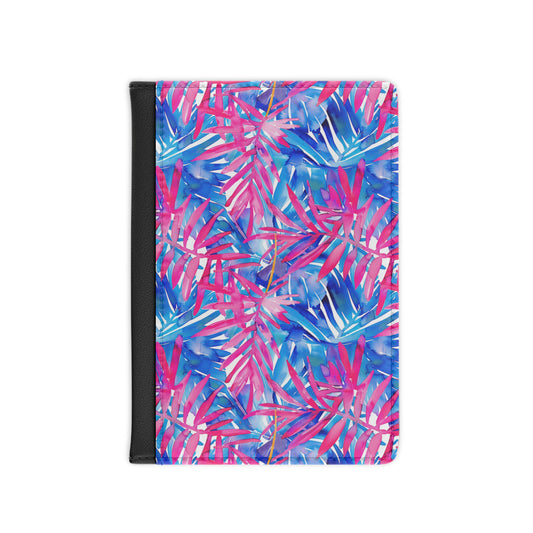 Tropical Harmony Blue and Dark Pink Palm Tree Leaves - Passport Cover Faux Leather RFID Blocking