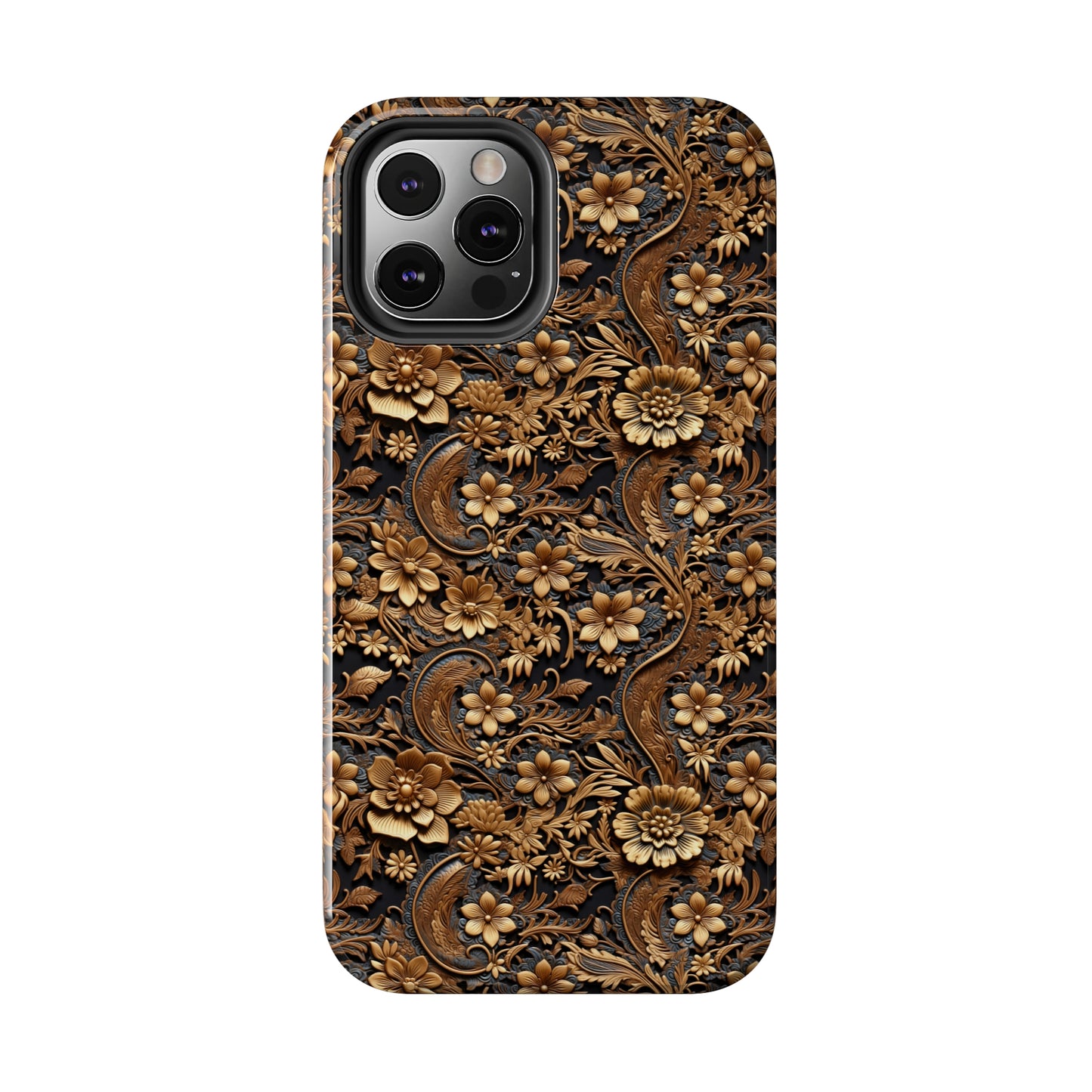 Tooled Leather Large Gold Flowers with Blue Leaf Swirl Accents Print Design Iphone Tough Phone Case