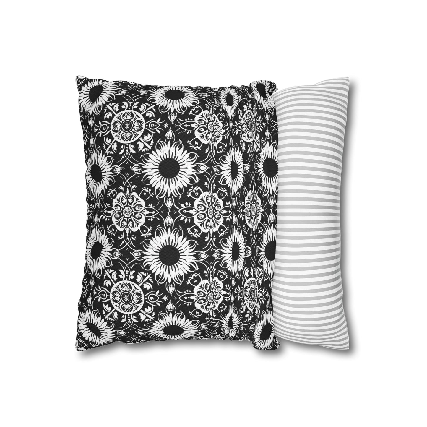 Elegant Mandala Design with Black and White Sunflowers Spun Polyester Square Pillowcase 4 Sizes