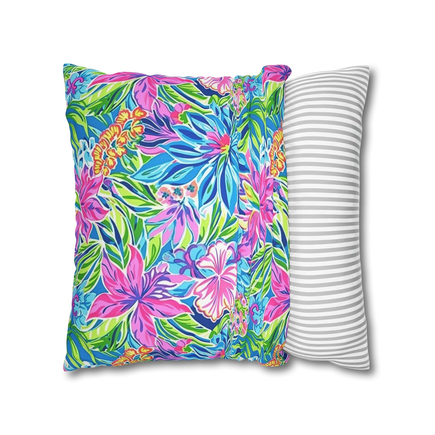 Summer Harmony: Pink and Blue Blooms with Lush Green Leaves Spun Polyester Square Pillowcase 4 Sizes