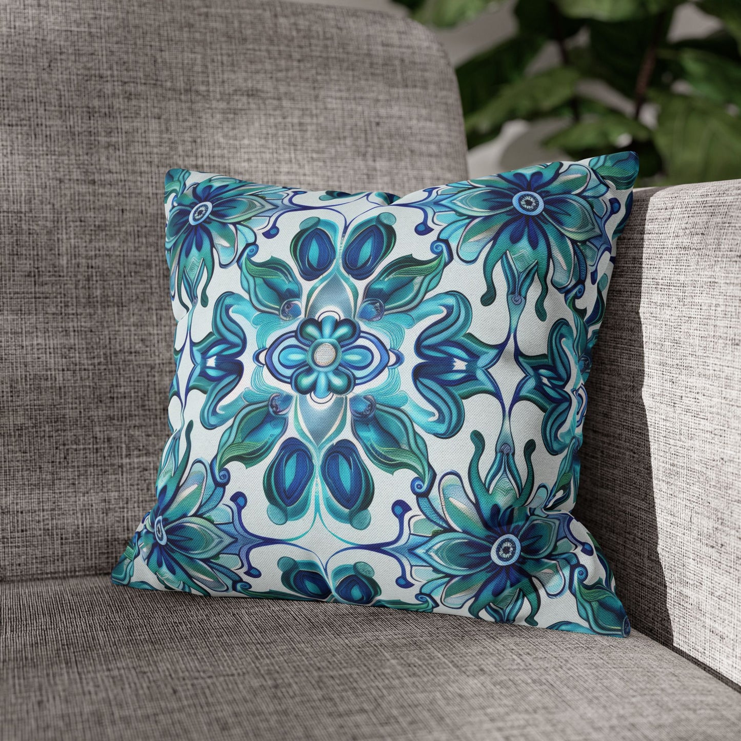 Exquisite Blue Lotus Elegance Floral Mosaic Design Spun Polyester Square Pillowcase 4 Sizes