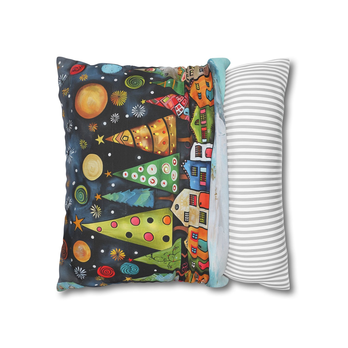 Holiday Haven: Abstract Folk Art Christmas Village Adorned with Christmas Trees Scene Spun Polyester Square Pillowcase 4 Sizes