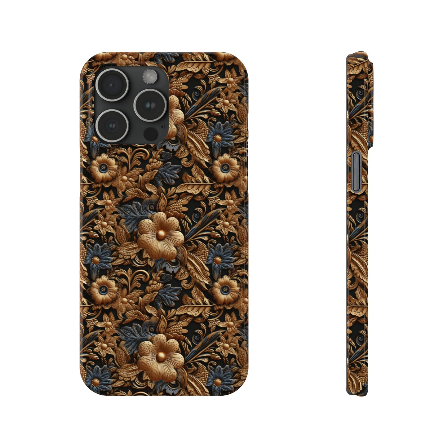 Tooled Leather Gold Flowers with Blue Leaves Accent Print Design Iphone 15-12 Slim Phone Case