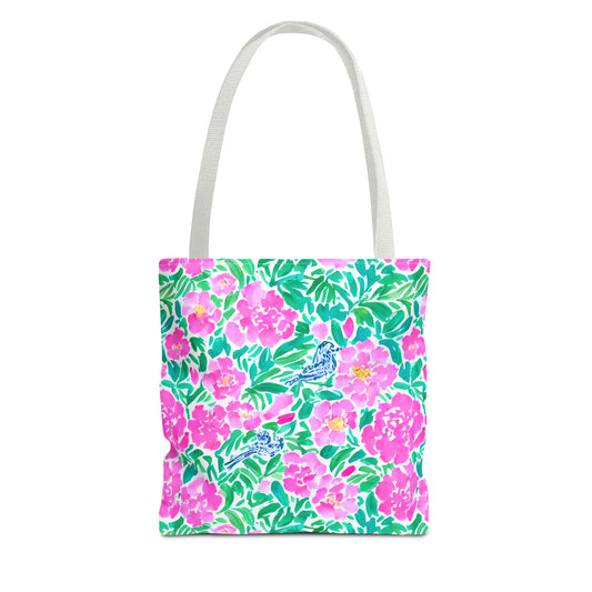 Springtime Whispers: Tiny Birds and Pink Blooms, Subtle Blue Accents, and Lush Green Leaves Canvas Tote Bag 3 Sizes