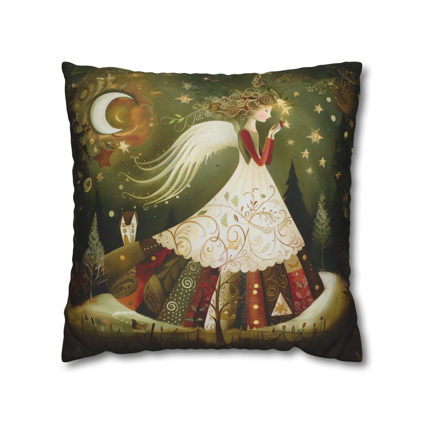 Christmas Angel in Tapestry Dress Amidst a Starlit Forest Spun Polyester Square Pillowcase 4 Sizes